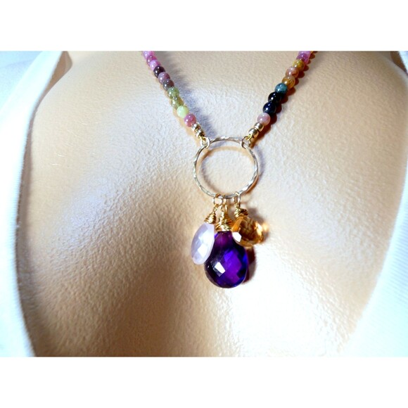 Watermelon Tourmaline Beaded Gemstone Charm Gold Fill Pendant Necklace - Picture 5 of 7